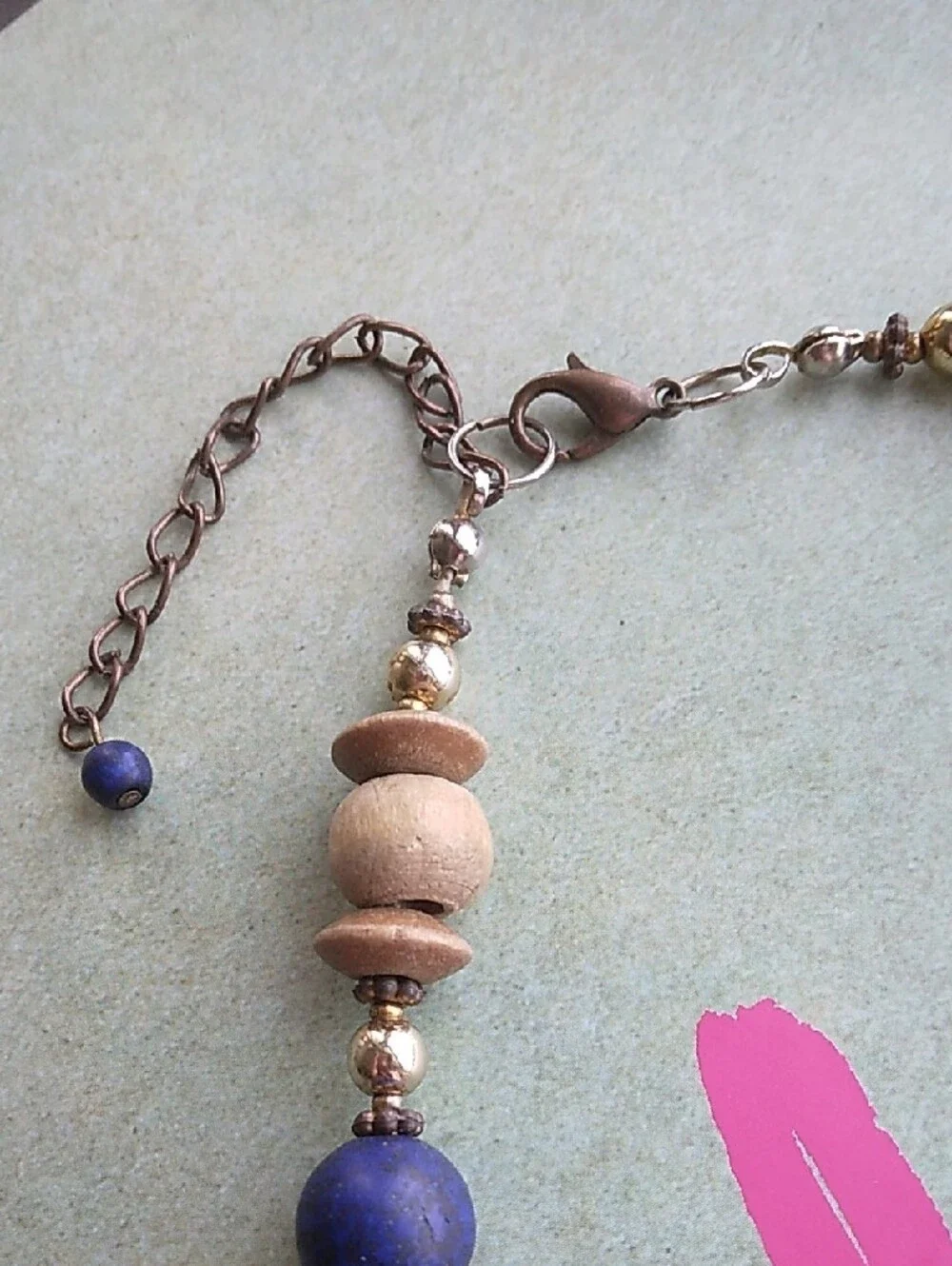Blue and Natural Wood Beaded Necklace